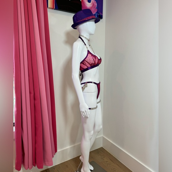 Pink & Purple Sequin Rhinestone Burlesque 5 Piece Lingerie Set XS/XS Hand Sewn - Picture 4 of 17
